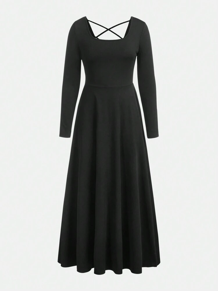 Junior Girls' Knitted Solid Color Large Round Neck Back Cross Hollow Out Dress