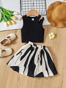 SHEIN Leap Crew 年輕女孩休閒露肩背心和幾何圖案裙子套裝