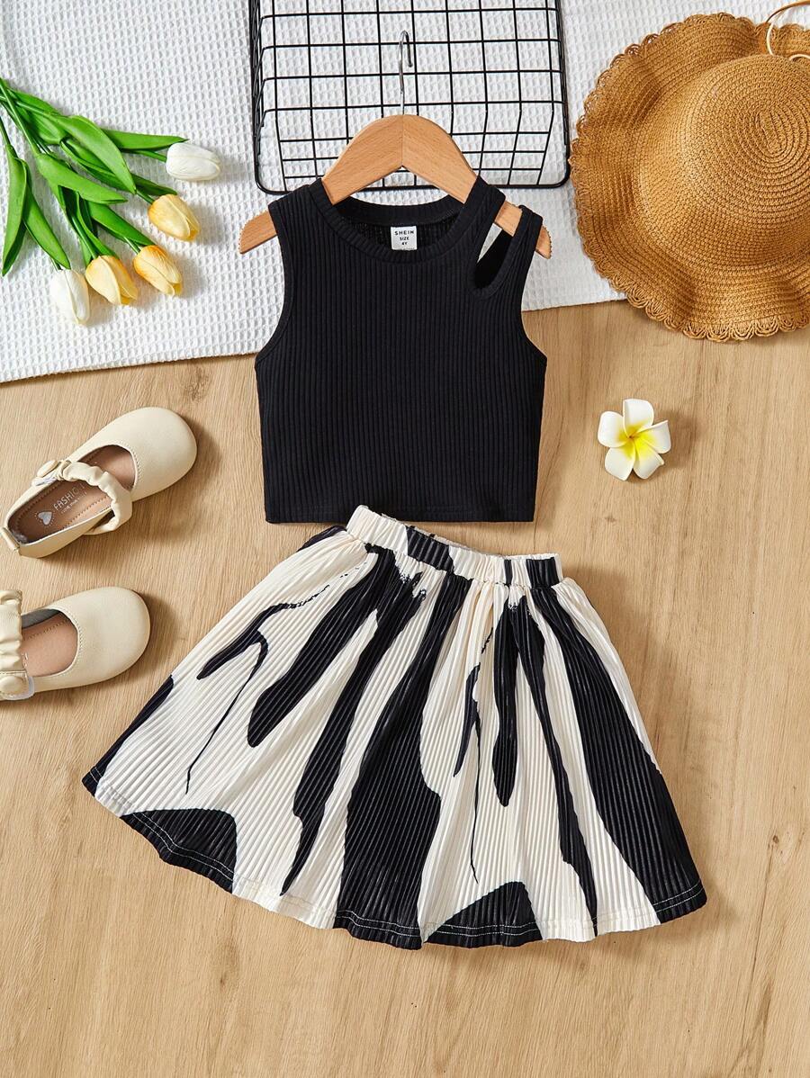 SHEIN Leap Crew 年輕女孩休閒露肩背心和幾何圖案裙子套裝