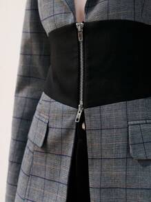 Anewsta Lapel Collar Zipper Closure Plaid Suit Jacket - Black - View 8