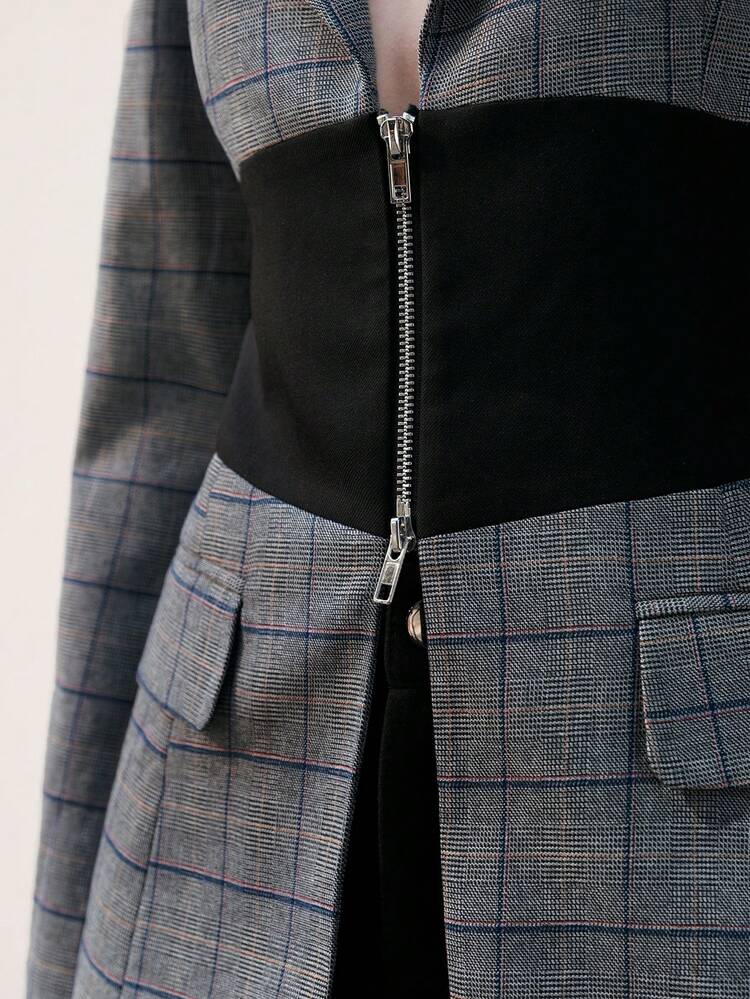 Veste De Costume À Carreaux Avec Col À Revers, Fermeture À Glissière