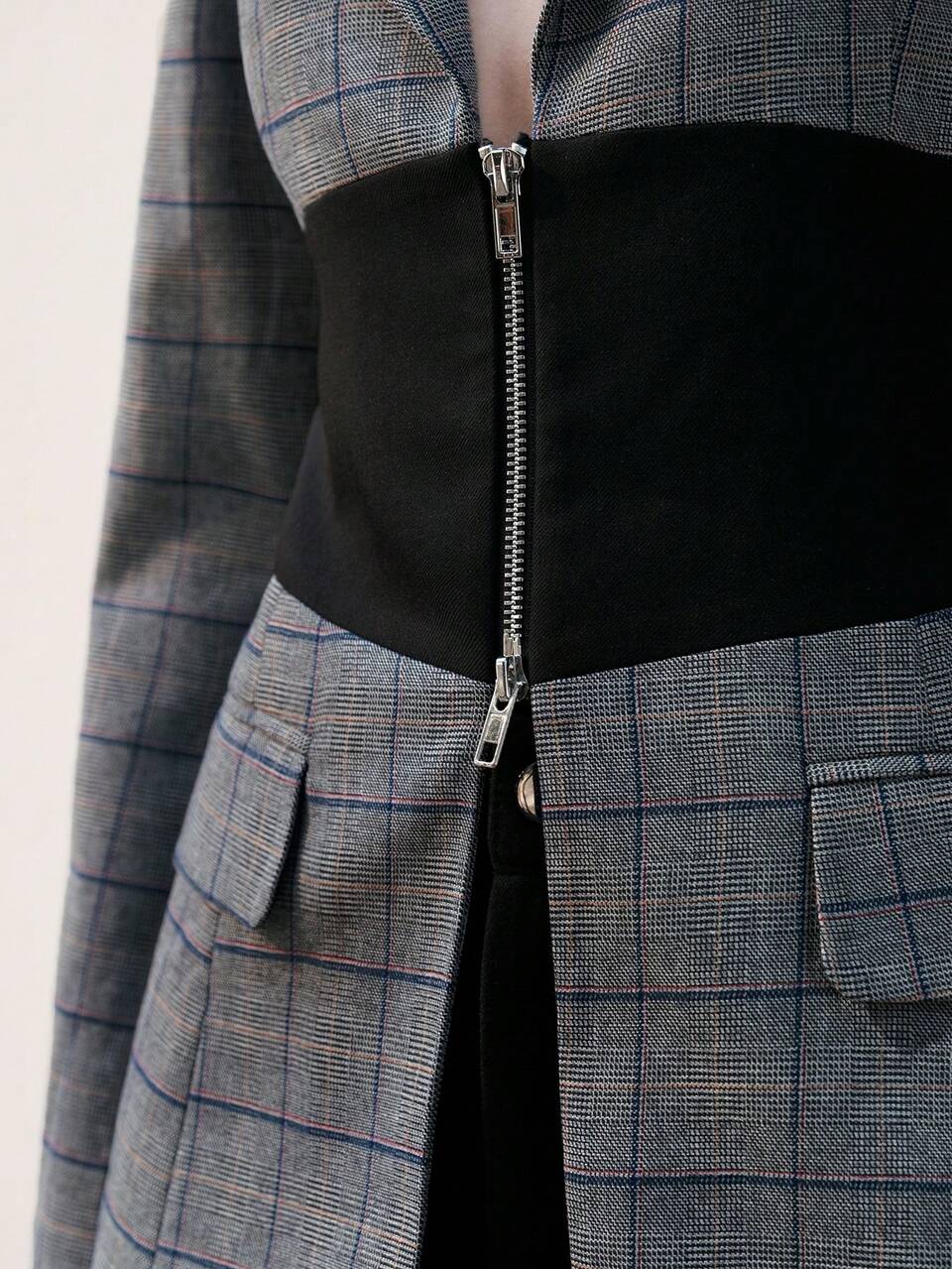 Lapel Collar Zipper Closure Plaid Suit Jacket