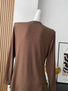 Flirla Plus Size Women's Long Sleeve T-Shirt With Single-Breasted Closure Fall Cloth For Women - Khaki - View 5