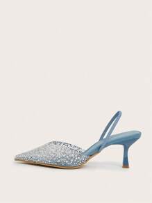 Fall/Winter 2025 Elegant Blue High Heel Sandals With Pointed Toe, Faux Pearl & Rhinestone Detail, Ankle Strap. Suitable For Weddings, Parties, Vacation And Casual Wear., Elegant, Women Pumps,Kitten Heels,Party Outfits - Blue - View 3