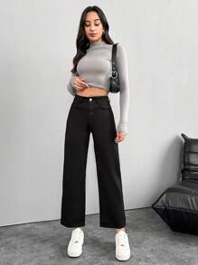 EURMUSE Solid Color Straight Denim Trousers - Black - View 4