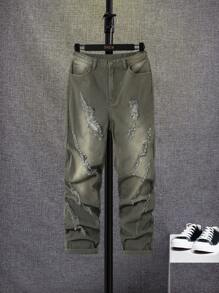 SHEIN Teen Boys' Ripped Frayed Straight Leg Green Denim Jeans ,For Teen Boy Outfits - Army Green - View 1