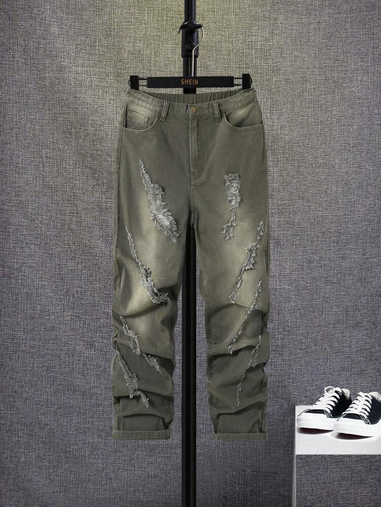 Teen Boys' Ripped Frayed Straight Leg Green Denim Jeans,For