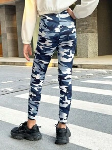 SHEIN Girls' Camouflage Hollow Out Leggings - Dusty Blue - View 2