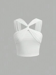 SHEIN MOD 白色扭結花結交叉前短上衣,帶有荷葉邊飾 - 白色 - 查看 1