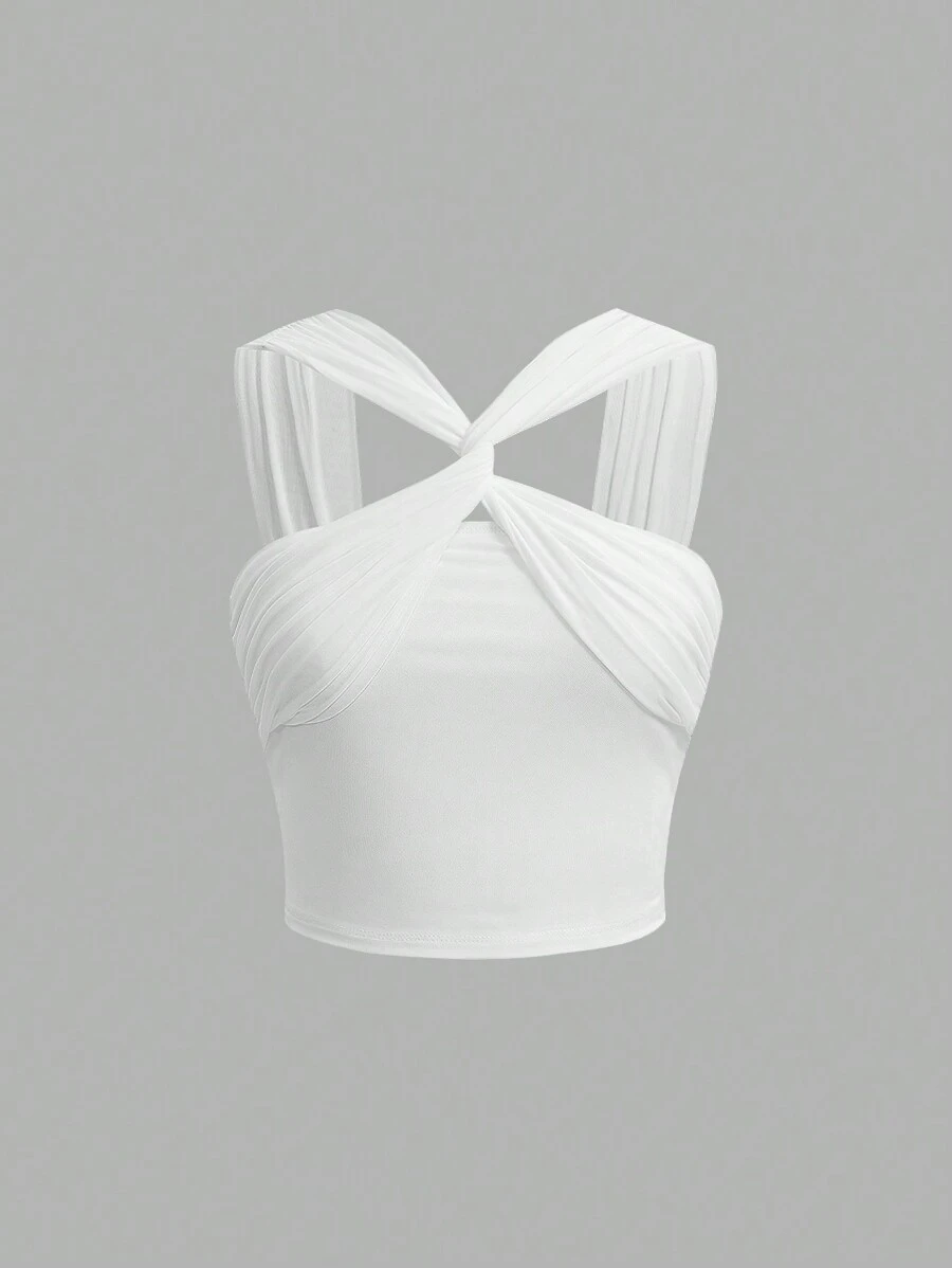 SHEIN MOD 白色扭結花結交叉前短上衣,帶有荷葉邊飾 - 白色 - 查看 1