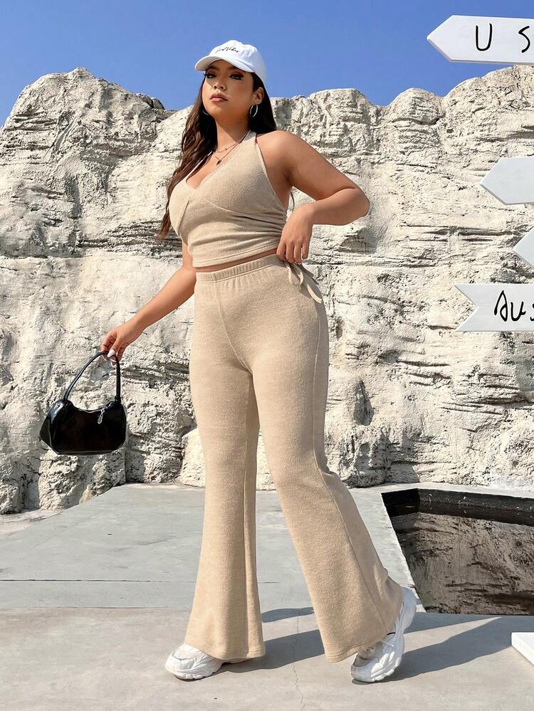 Plus Size Women's Knitted Halter Neck Sleeveless Top And Flared Pants Set