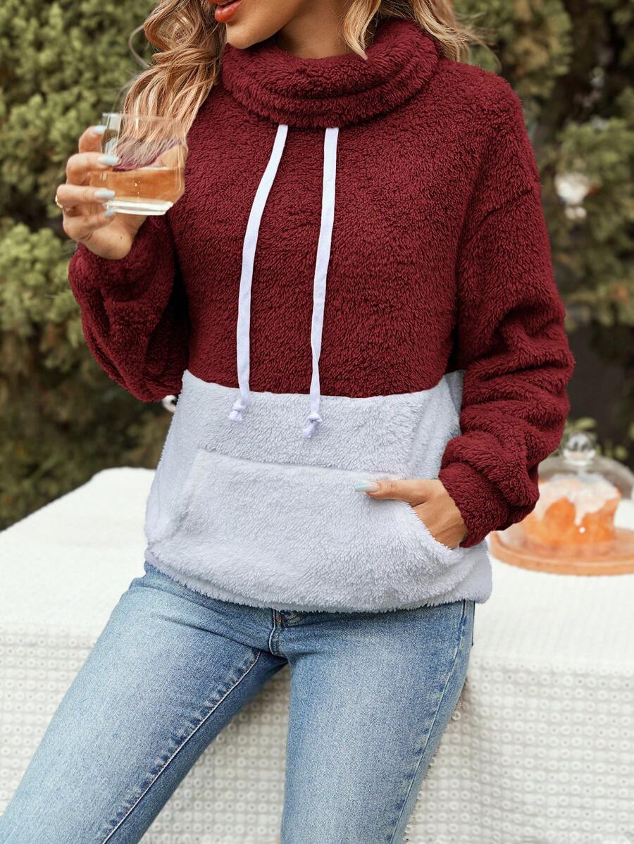 SHEIN LUNE 帶袋熊熊毛衣,帶束帶和漏斗領設計 - 酒紅色 - 查看 1