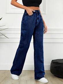 SHEIN Cottnline High Waisted Straight Leg Jeans - Dark Wash - View 3