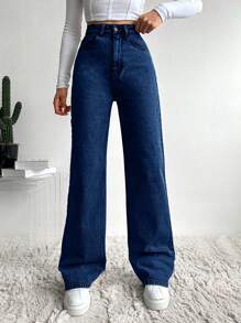 RueChic Solid Color Straight Leg Casual Jeans - Medium Wash - View 1