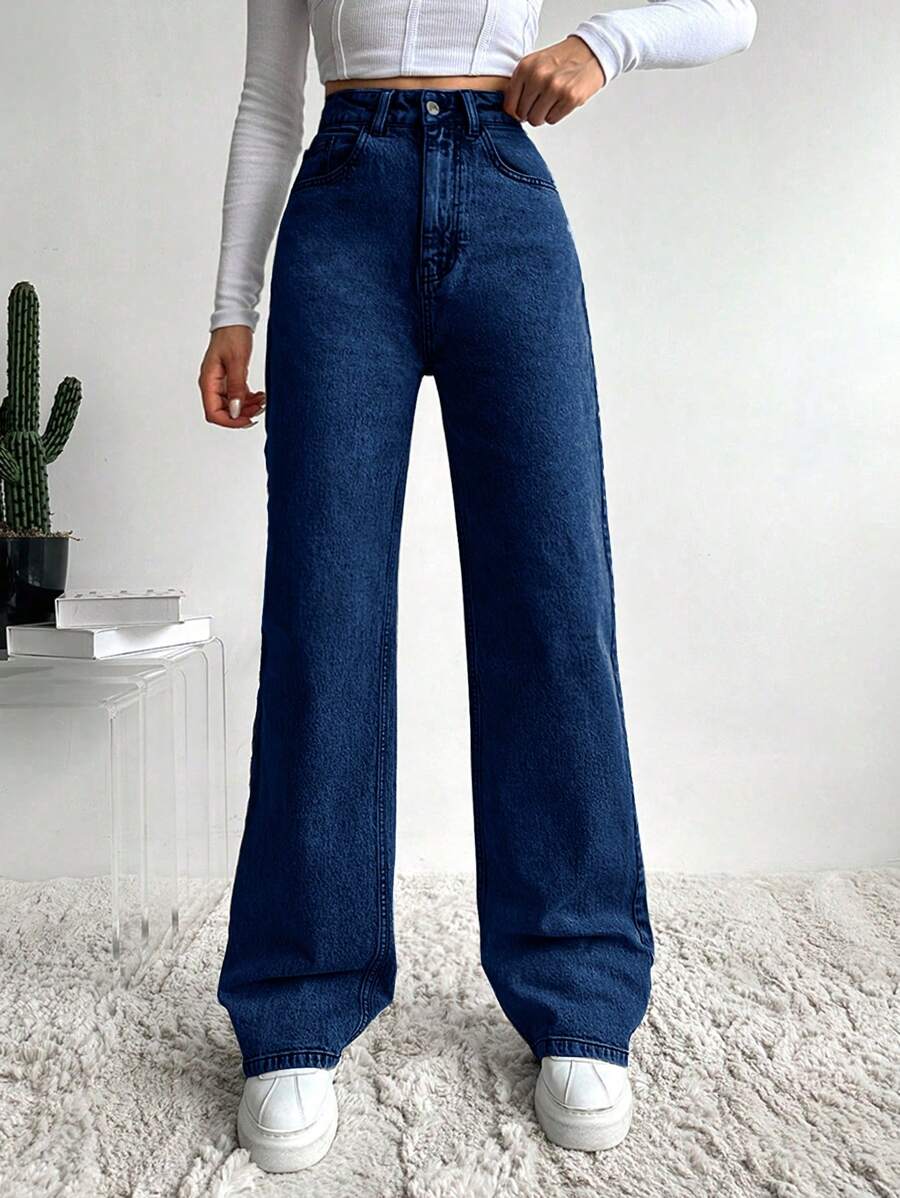 RueChic Solid Color Straight Leg Casual Jeans - Medium Wash - View 1