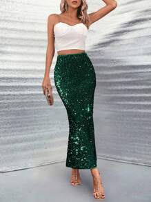 Allurite Mermaid Tail Hem Sequin Skirt - Dark Green - View 4