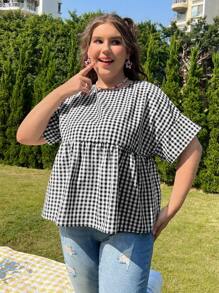 SHEIN MOD 大尺碼女用格紋荷葉邊下擺襯衫