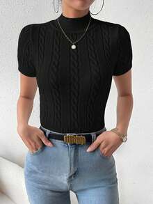 SHEIN Frenchy 休閒純色針織短袖上衣 - 黑色 - 查看 5