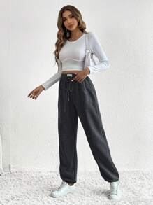 SHEIN Tall 抽繩腰運動褲 - 深灰色 - 查看 3