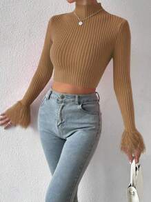 Zolique 短款毛绒毛衣，立领带袖口，针织套头衫，秋冬毛衣 - 摩卡棕 - 查看 5