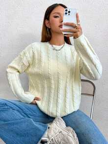 SHEIN Unity Cable-Knit Round Neck Long Sleeve Casual Sweater - White - View 3
