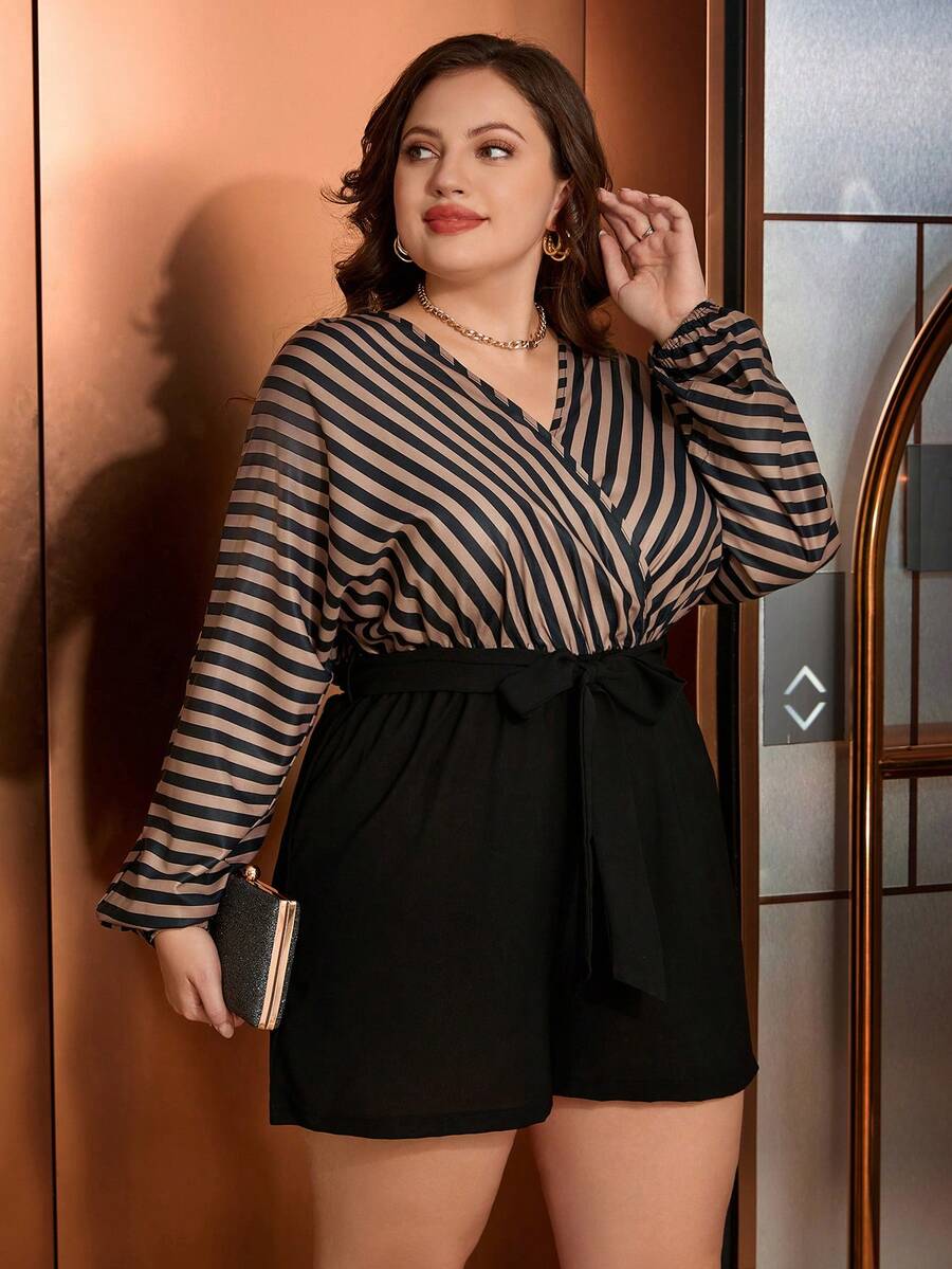 SHEIN Clasi 大尺碼女士條紋腰帶連身褲 - 彩色 - 查看 1