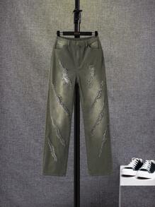 SHEIN Teen Boys' Ripped Frayed Straight Leg Green Denim Jeans ,For Teen Boy Outfits - Army Green - View 3