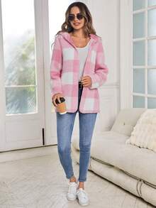 SHEIN LUNE 格紋圖案連帽絨毛外套 - 粉色 - 查看 7