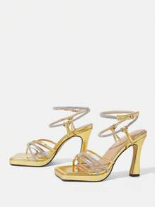 Women's Fashionable Gold Color Square Toe Chunky High Heeled Shoes - Gold - View 2