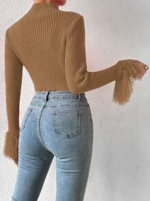 Zolique 短款毛绒毛衣，立领带袖口，针织套头衫，秋冬毛衣 - 摩卡棕 - 查看 2