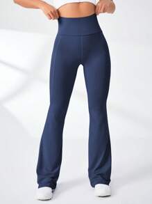 Easithlete Wide Waistband Flare Leg Sports Pants - Blue - View 2