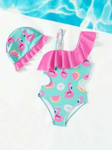 Baby Girls' One-Piece Swimsuit With Cartoon Print And Hollow-Out Waist And Ruffle Trim, Comes With A Swimming Cap - Multicolor - View 4
