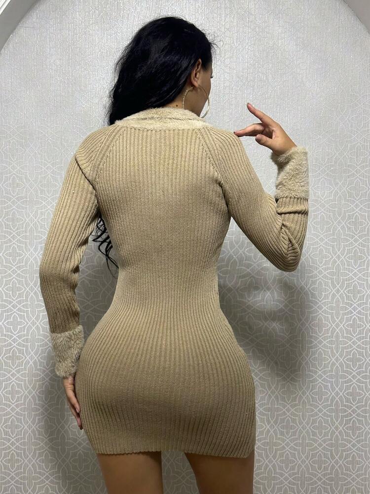 Fuzzy Turn-Down Collar And Cuff Zipper Half Buttoned Sweater Dress