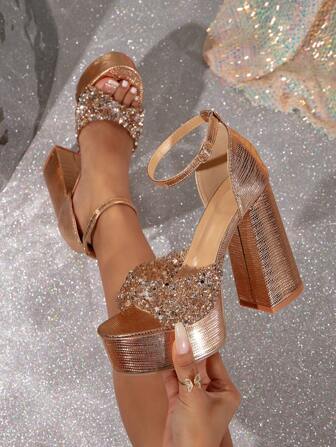 Sandalias De Plataforma De Tacón Alto Grueso Para Mujer Con Detalle De Lentejuelas Doradas, Adecuadas Para Uso Al Aire Libre, Sandalias De Tacón Súper Alto De Moda Para El Verano