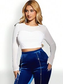 SHEIN SXY Camiseta De Malla Corta Sólida Para Fiesta De Nochevieja Sexy