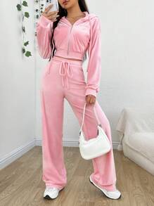 SHEIN EZwear Zipper Front Hooded Jacket And Pants Set - Pink - View 3
