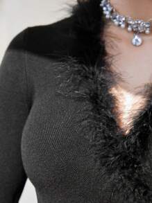 Modelyn Fuzzy Decorated Crossed Wrap Long Sleeve Sweater And Knitted Skirt Set 2 Piece Set - Black - View 3