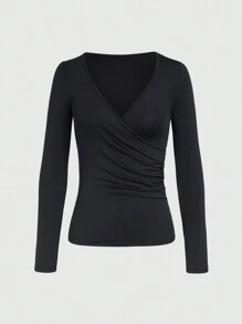 INAWLY 女士v領純色裹身打褶t恤