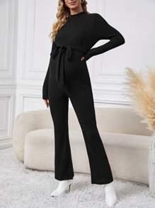 SHEIN Maternity Stand Collar Jumpsuit With Belted Waist And Ribbed Detail - Black - View 6