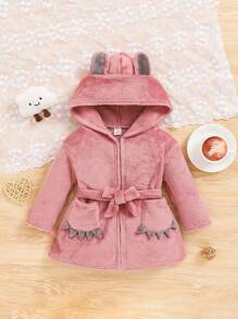 嬰幼兒女裝可愛休閒款式帽耳立體連帽綿圍外套 - 白色 - 查看 1