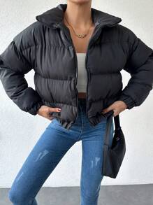 EURMUSE 純色短款棉袍外套 - 黑色 - 查看 3