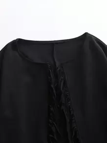 SHEIN LUNE Plus Size Women's Patchwork Fringe Long Sleeve Coat Fall Cloth For Women - Black - View 7