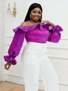 Tops Con Volantes Y Hombros Descubiertos Para Mujer De Talla Grande - Morado - Ver 4