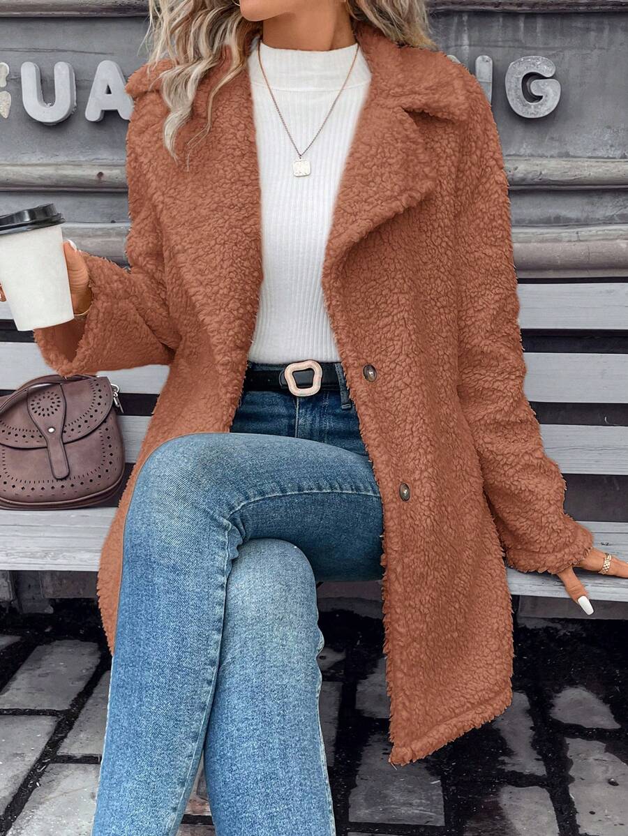 SHEIN Frenchy Shearling Coat With Single Breasted Button & Warm Thermal Lined - Coffee Brown - View 1
