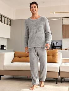 男士泰迪熊圓領長袖上衣和褲子家居服套裝 - 灰色 - 查看 5