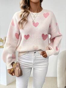 SHEIN LUNE Casual Women's Heart Pattern Knit Pullover Fall Winter Sweater - Pink - View 6