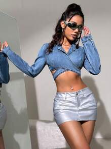 SHEIN ICON Y2k Blue Asymmetrical Cross Short Suit Jacket Women Denim Coat - Blue - View 4