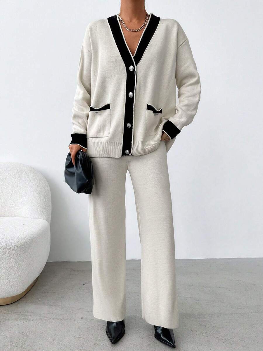 EURMUSE Contrast Trim Drop Shoulder Cardigan & Knit Pants - Beige - View 1