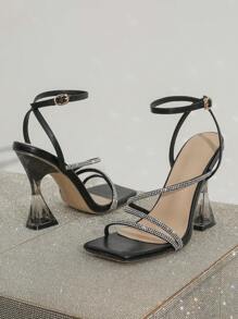 春夏方头水晶高跟凉鞋，条纹设计性感优雅时尚女式高跟凉鞋 - 黑色 - 查看 4