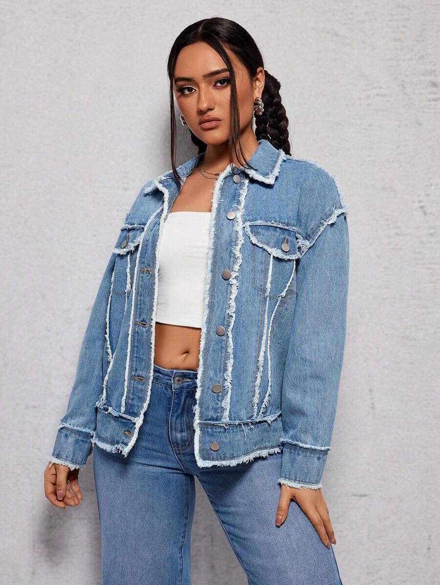 SHEIN ICON Women'S Button-Front Frayed Hem Denim Jacket - Light Wash - View 1